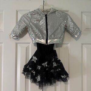 Girls Silver Sequin Dance Costume w/ Star Skirt & Jacket